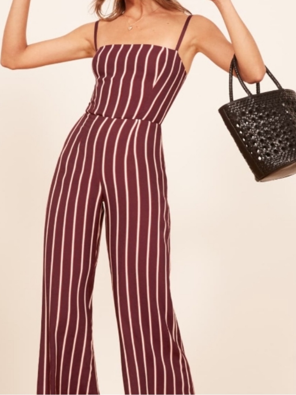 Reformation Burgundy and White Striped Wide-Leg Jumpsuit